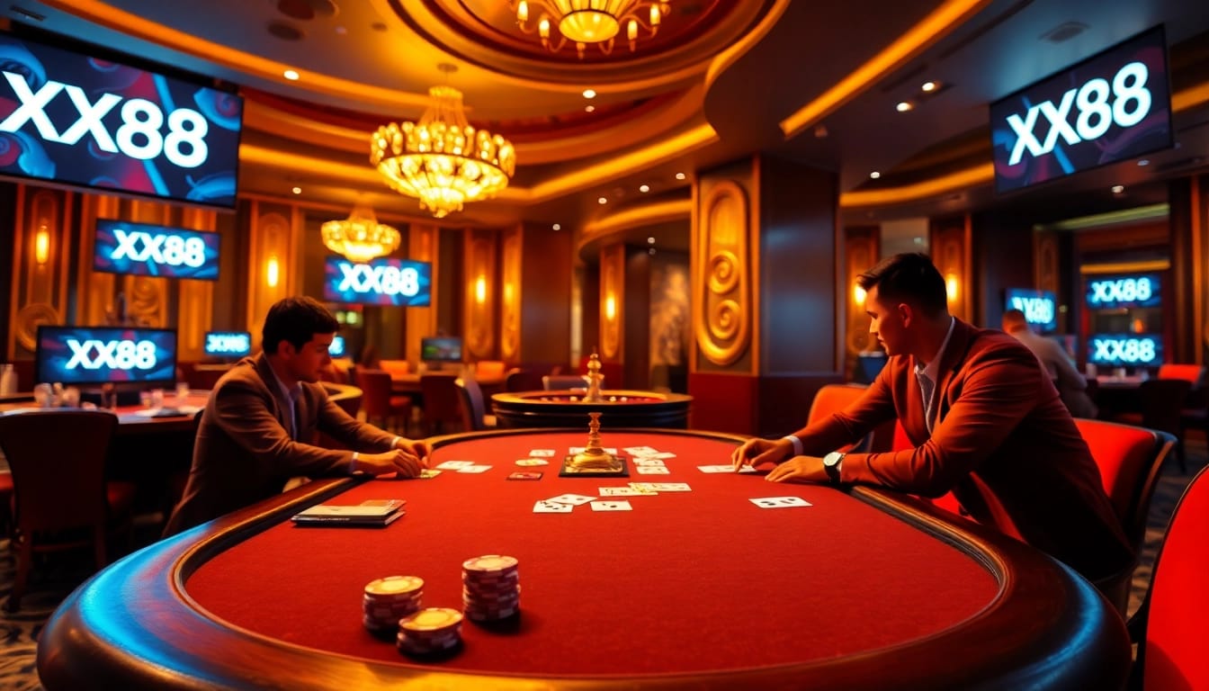 Experience intense poker action at XX88 casino with vibrant chips and sleek tables.