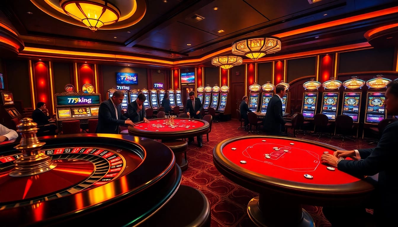 Exciting gameplay at 79king casino featuring roulette and poker tables with vibrant decorations.