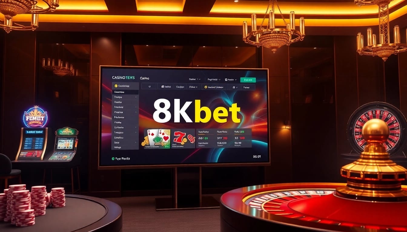 Experience the thrill of online gambling with 8kbet's vibrant casino platform featuring poker chips and slot machines.