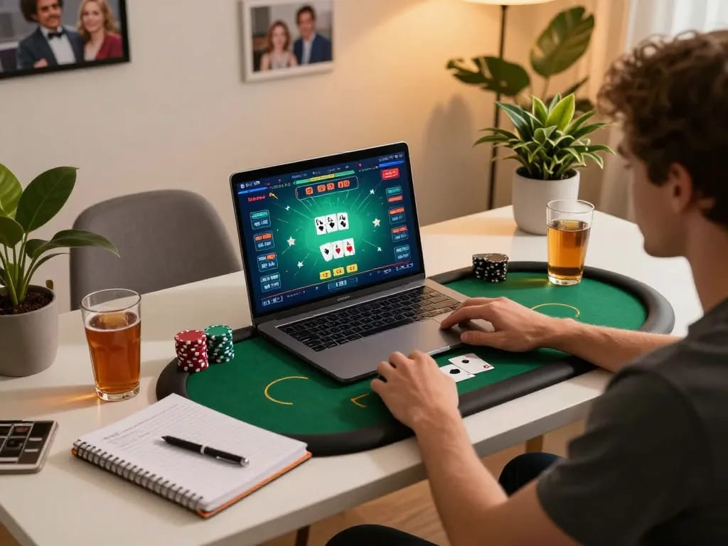 Engaging gameplay on kp88 platform showcased through a person at a modern desk strategizing online poker.