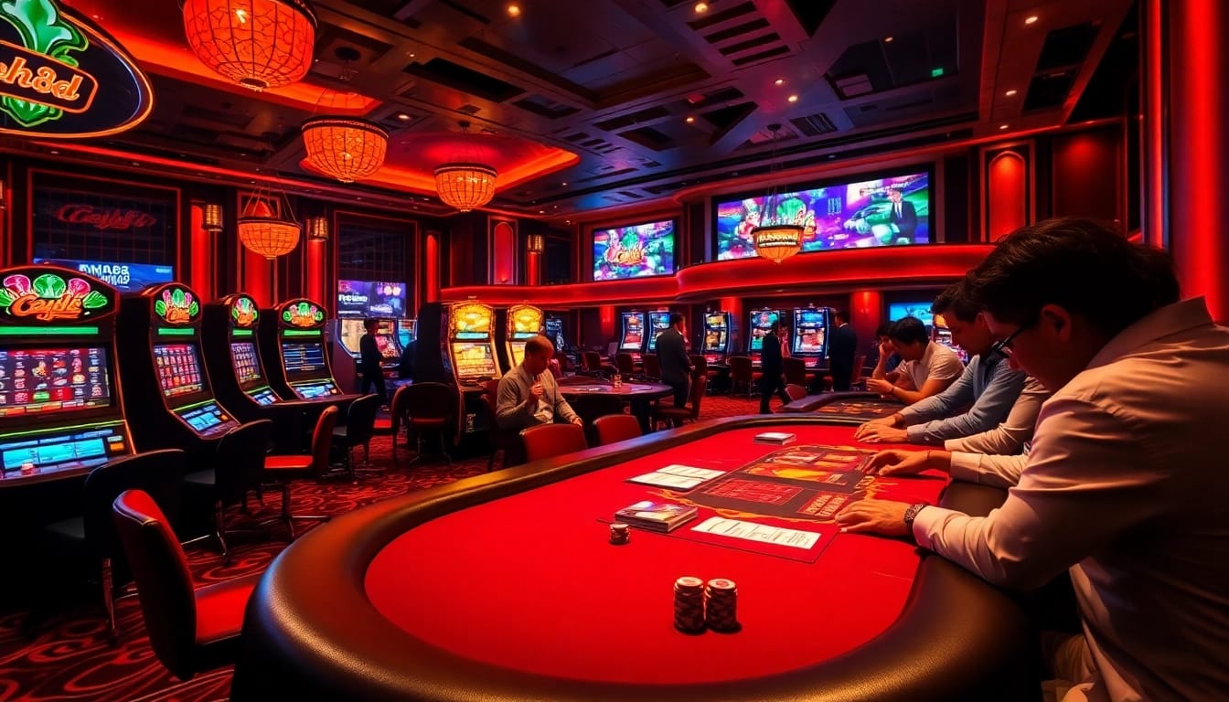 Exciting casino scene showcasing Typhu88 gambling atmosphere with vibrant slot machines and poker tables.