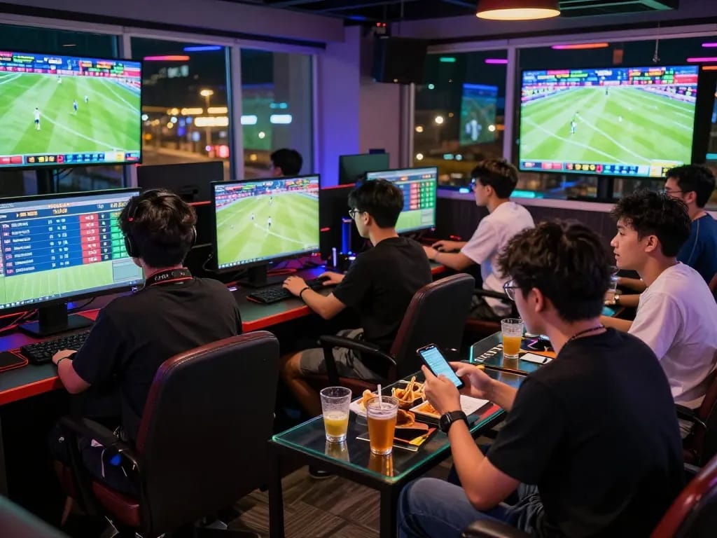 Engaged group analyzing kèo nhà cái in a vibrant sports lounge during live matches.