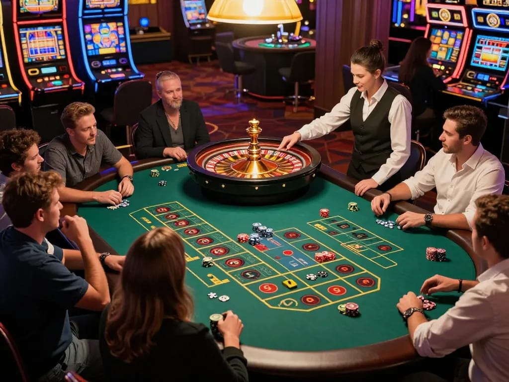 Players engaged in a thrilling roulette game at a casino, capturing the excitement of FC88 gaming fun.