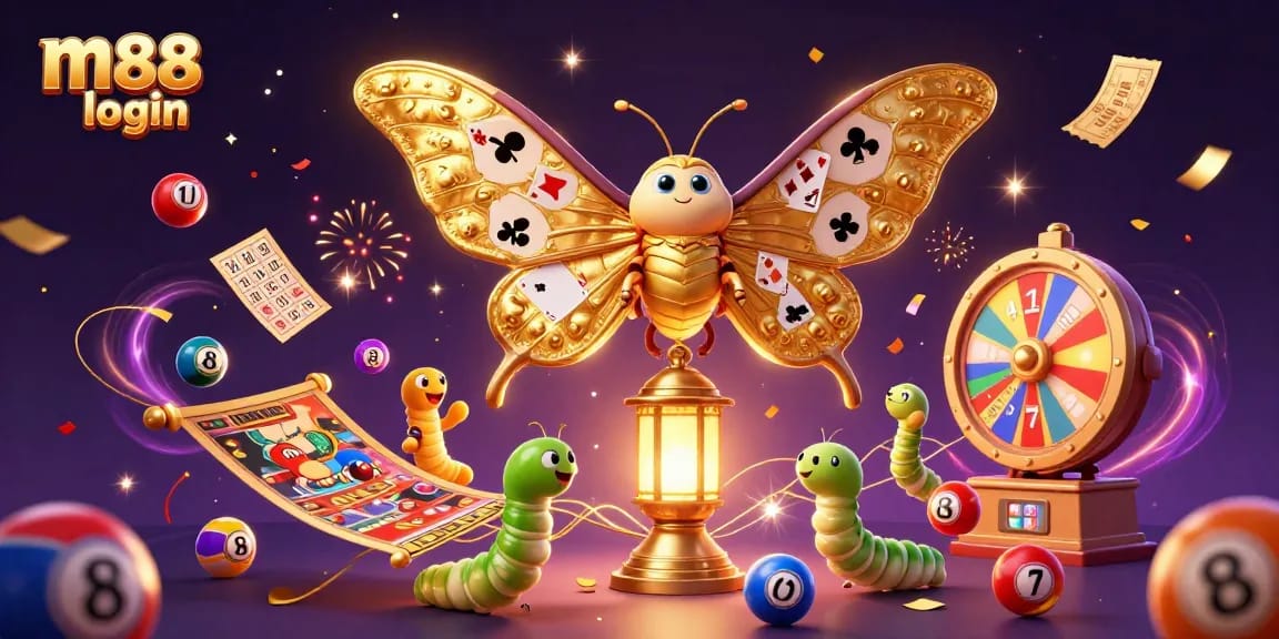 Experience the thrill of m88 login with vibrant casino-themed elements in a dynamic 3D illustration.