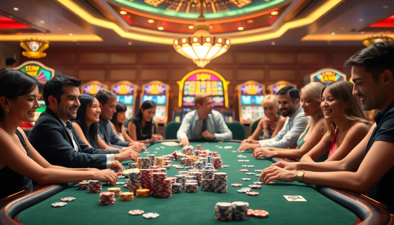 Excited players enjoying a luxurious casino experience at 33win with poker chips and vibrant slot machines.