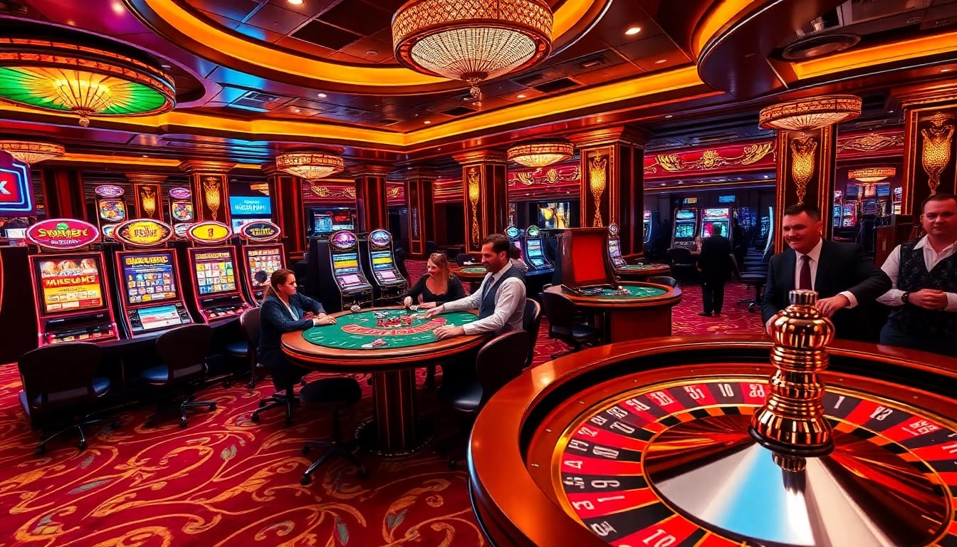 Gamblers enjoying a thrilling experience at Bay 789 casino tables with vibrant slot machines.