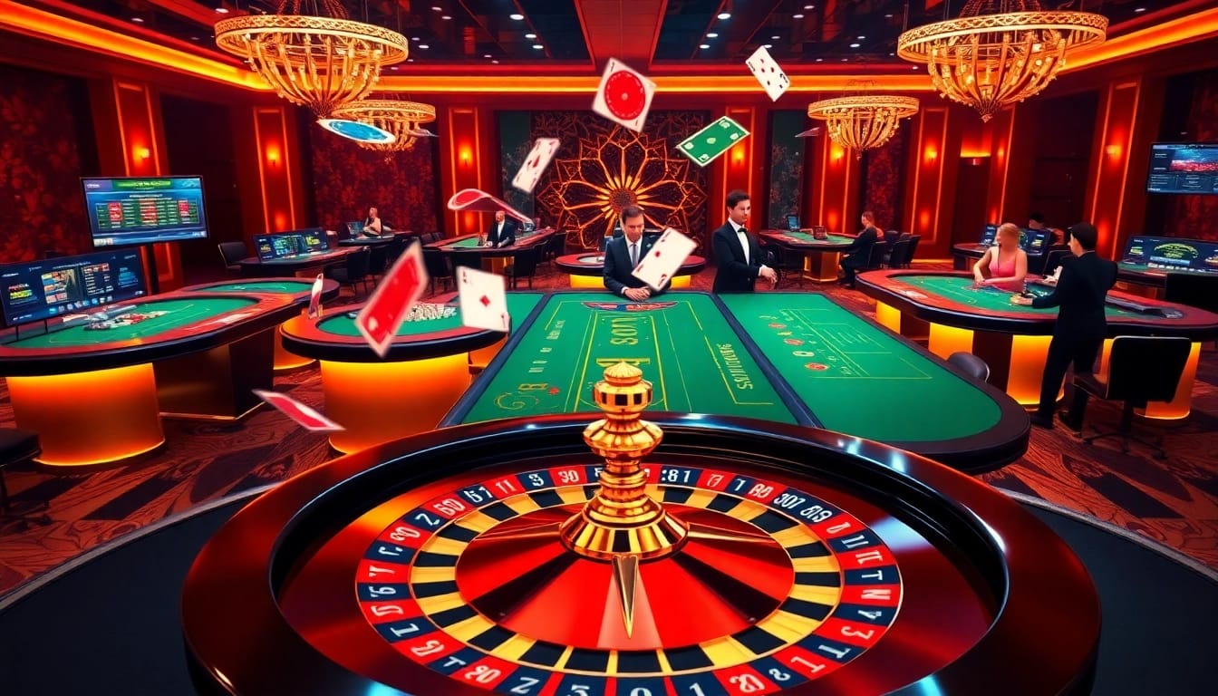 Experience the excitement of j88 com with a luxurious casino scene featuring roulette, poker, and vibrant players.
