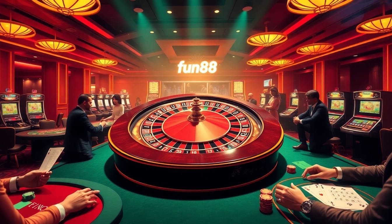 Players enjoying classic casino games at fun88, featuring roulette, cards, and vibrant atmosphere.