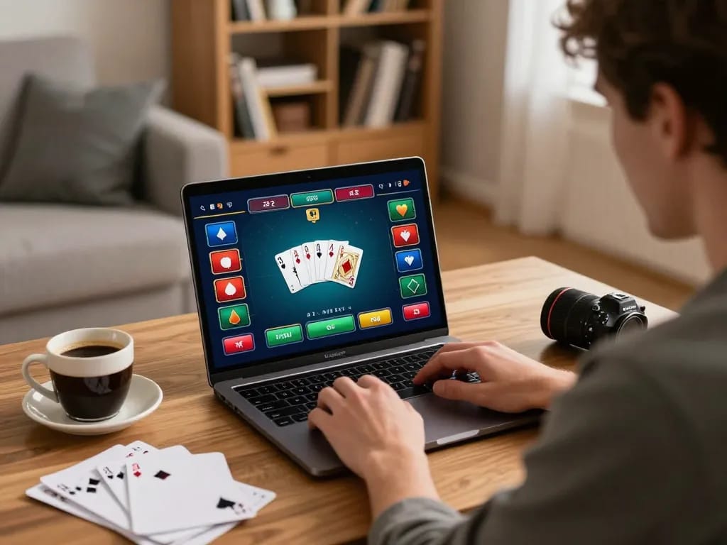 Player engaging with cm88's online poker from cozy living room, enhancing gaming atmosphere.