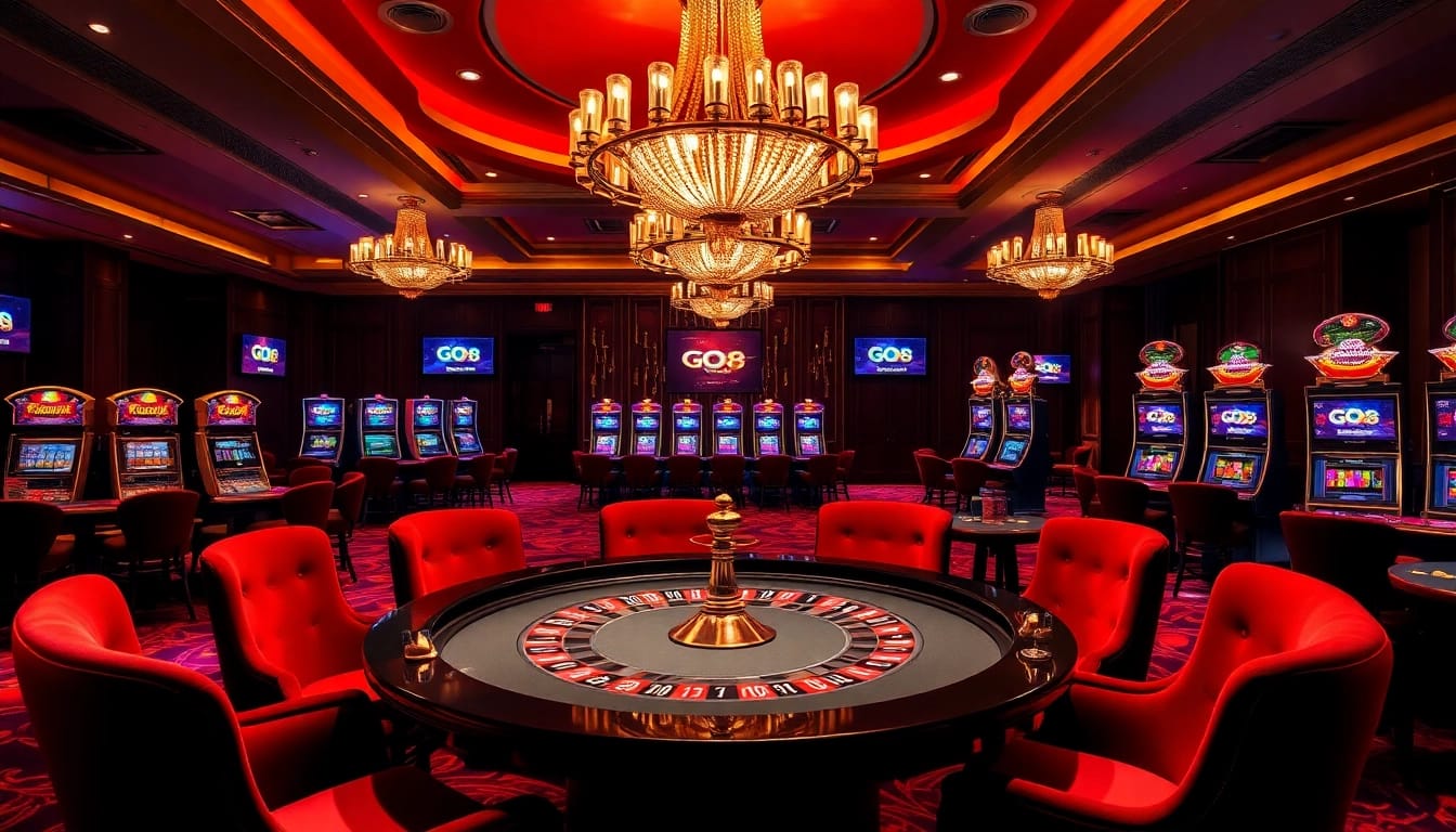 Experience the thrill of high-stakes gambling at a luxurious casino featuring vibrant GO8-themed tables and dazzling decor.
