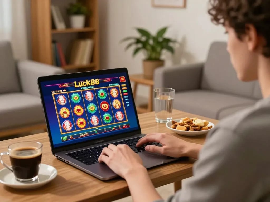 Engaging in Luck88 online gaming, showcasing colorful slot action in a cozy living room.