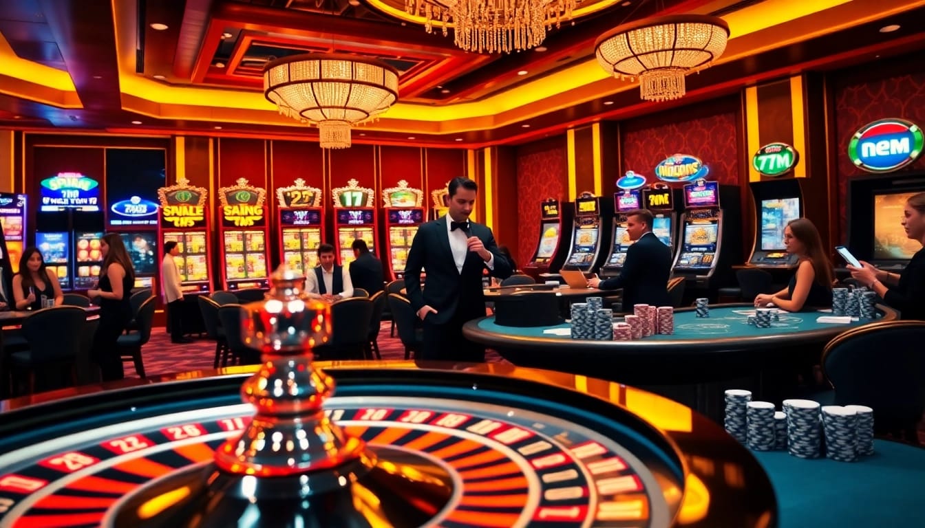 Casino players engaging with a thrilling 7M roulette wheel, showcasing high-stakes poker and vibrant slot machines.