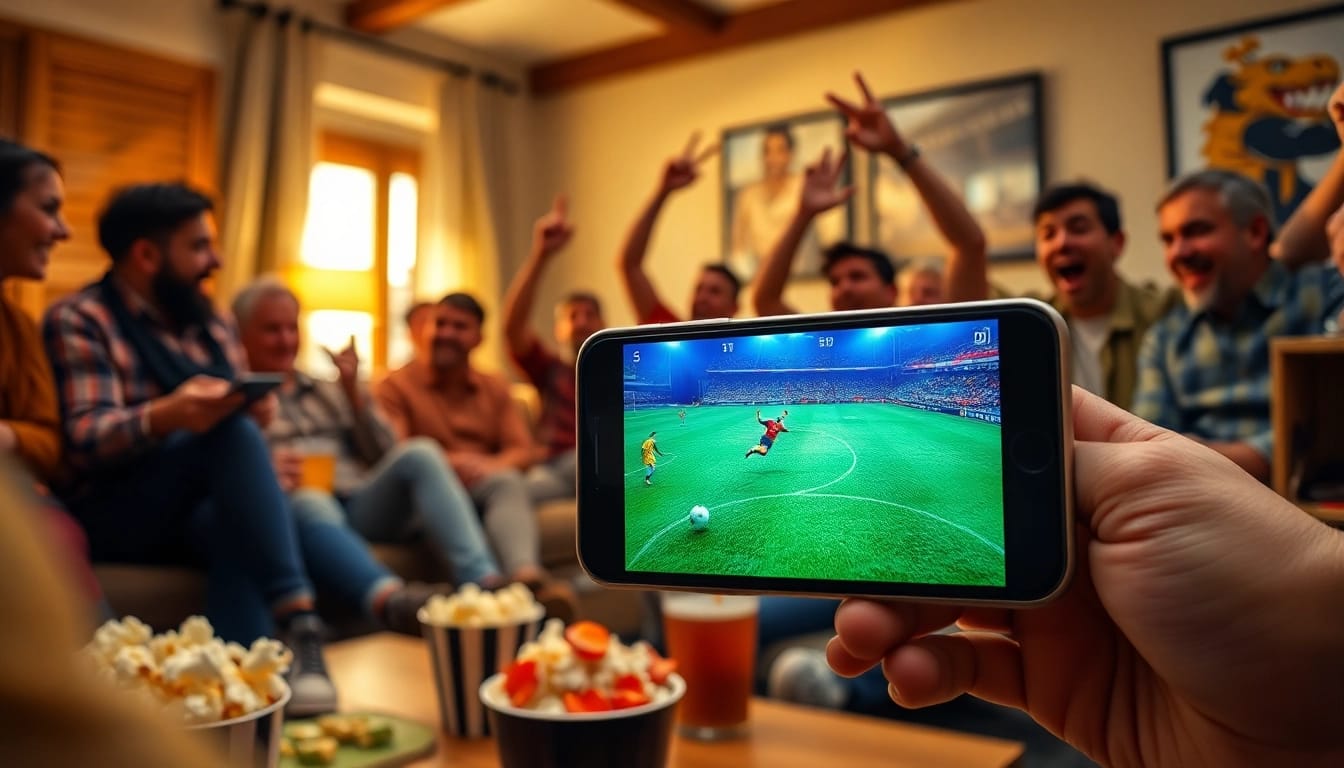 Watch live football on https://socolive.com.co/ with excited fans enjoying a match on a smartphone.