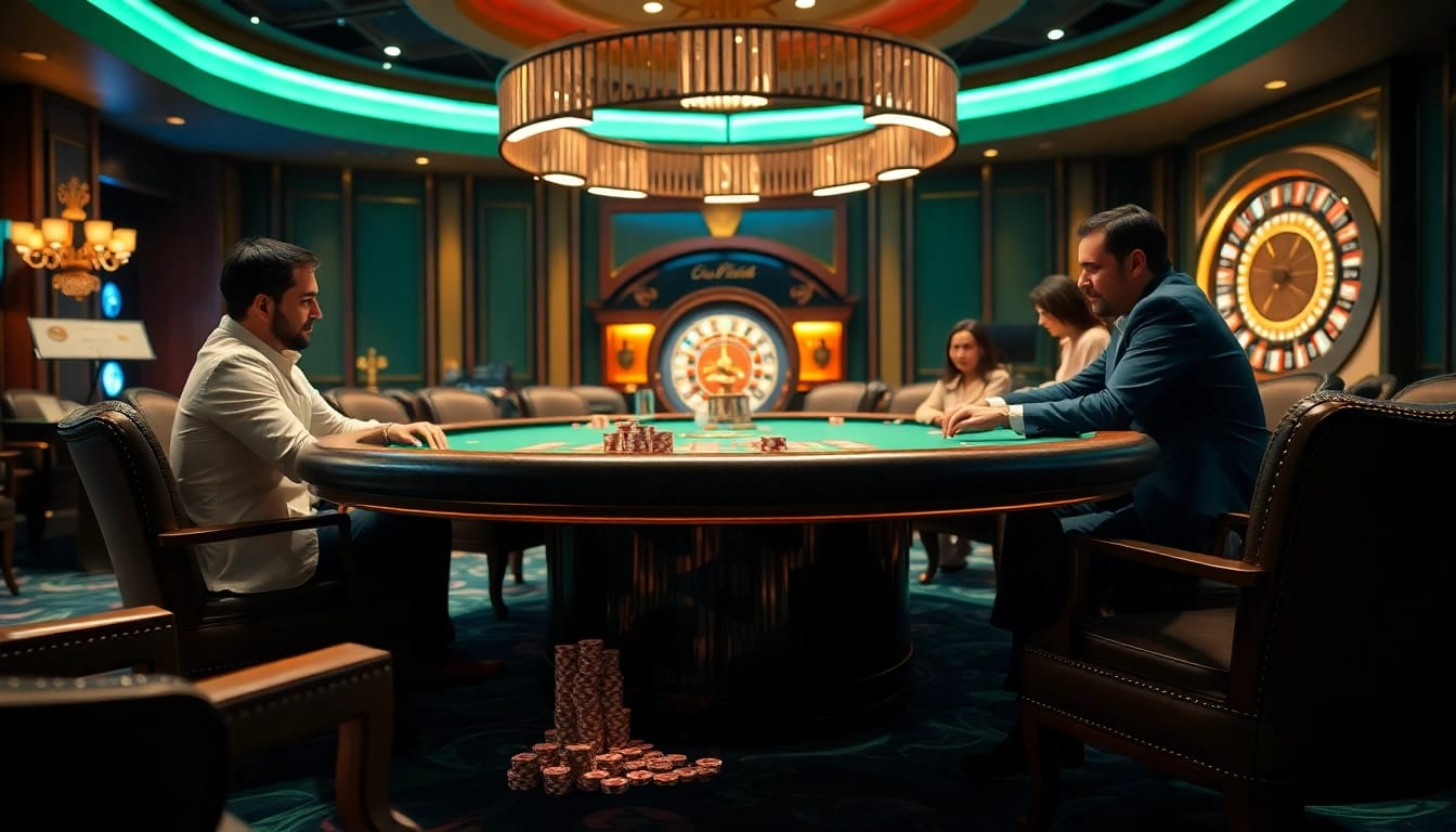 Experience high-stakes excitement at qh88 casino poker table surrounded by vibrant lights.