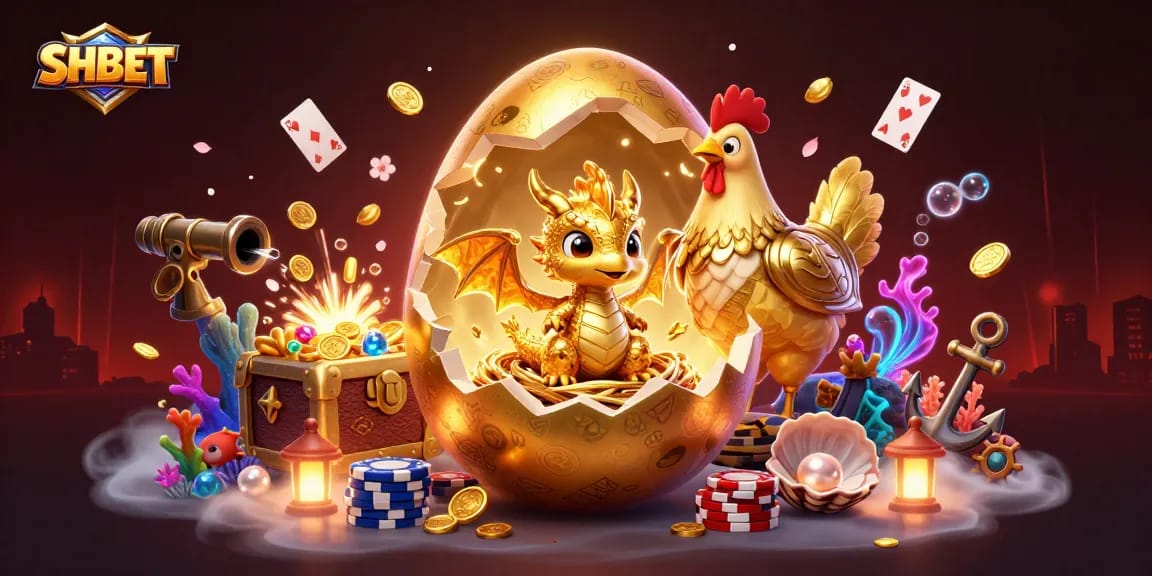 SHBET offers exhilarating gameplay with a golden dragon amidst poker chips and casino treasures.