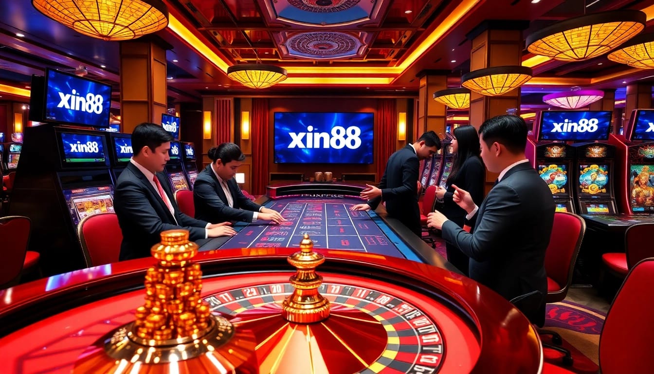 Players enjoying a thrilling game at xin88 casino with professional dealers and vibrant atmosphere.