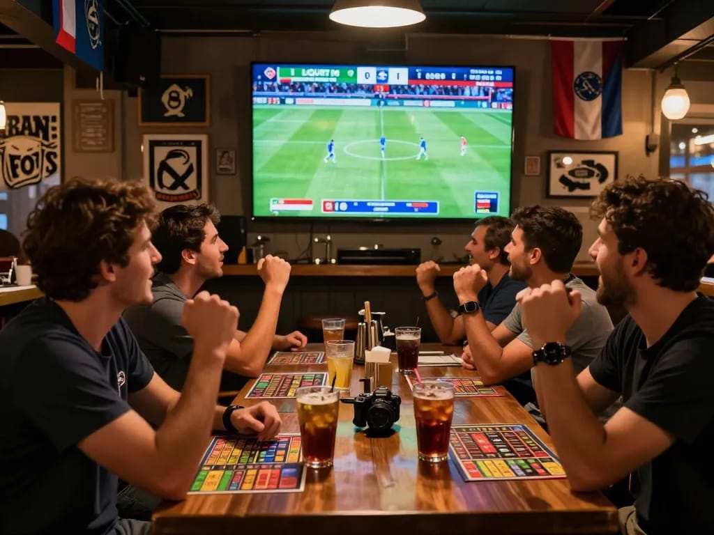 A lively bar scene showcasing fans enjoying kèo bóng đá pháp during a Ligue 1 match.