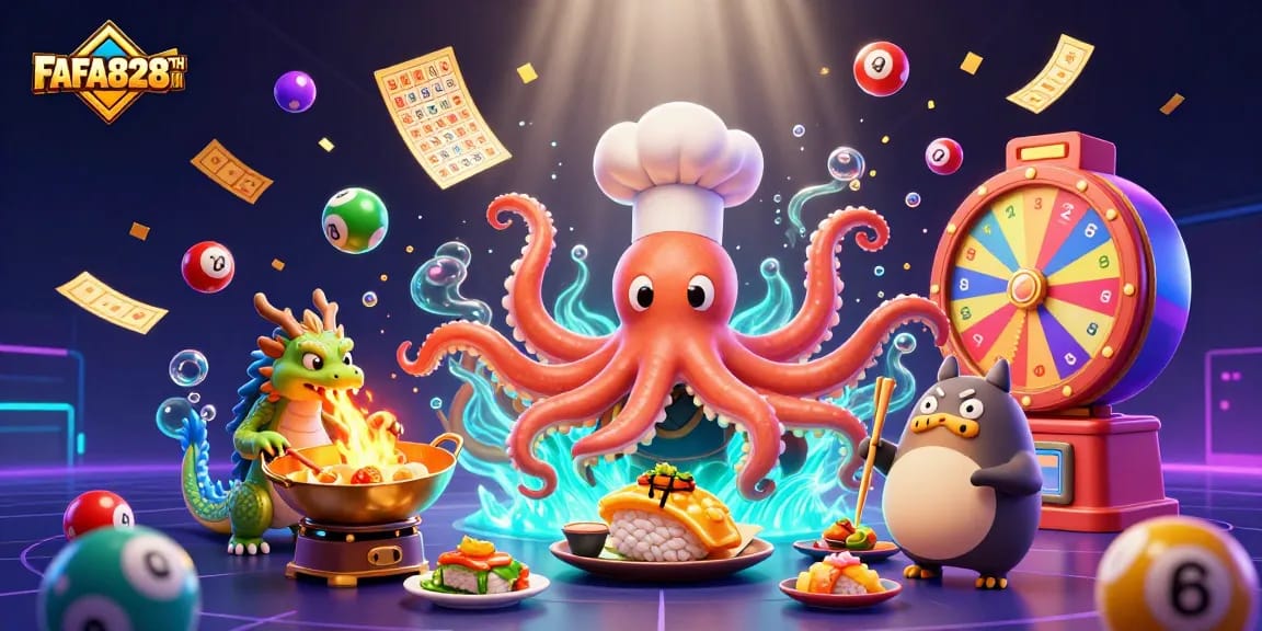 Engage in exciting gaming with FAFA828TH featuring colorful scenes of lottery, treasure, and fun!