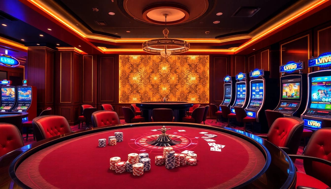 Experience the excitement of LV88 casino gaming with vibrant tables, chips, and roulette wheels.