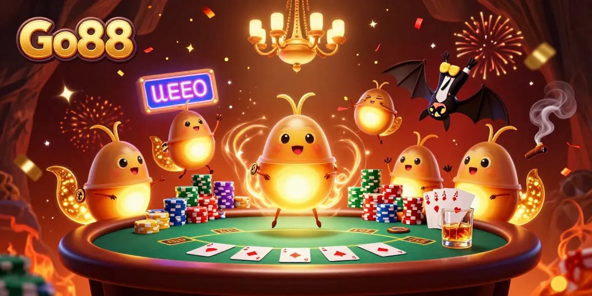 Experience Go88's vibrant cave casino with colorful glowworms lighting up thrilling games and celebratory confetti.