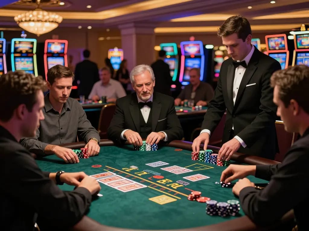 Players engage in a high-stakes blackjack game at a Vegas casino, highlighting MM88 strategic gameplay.