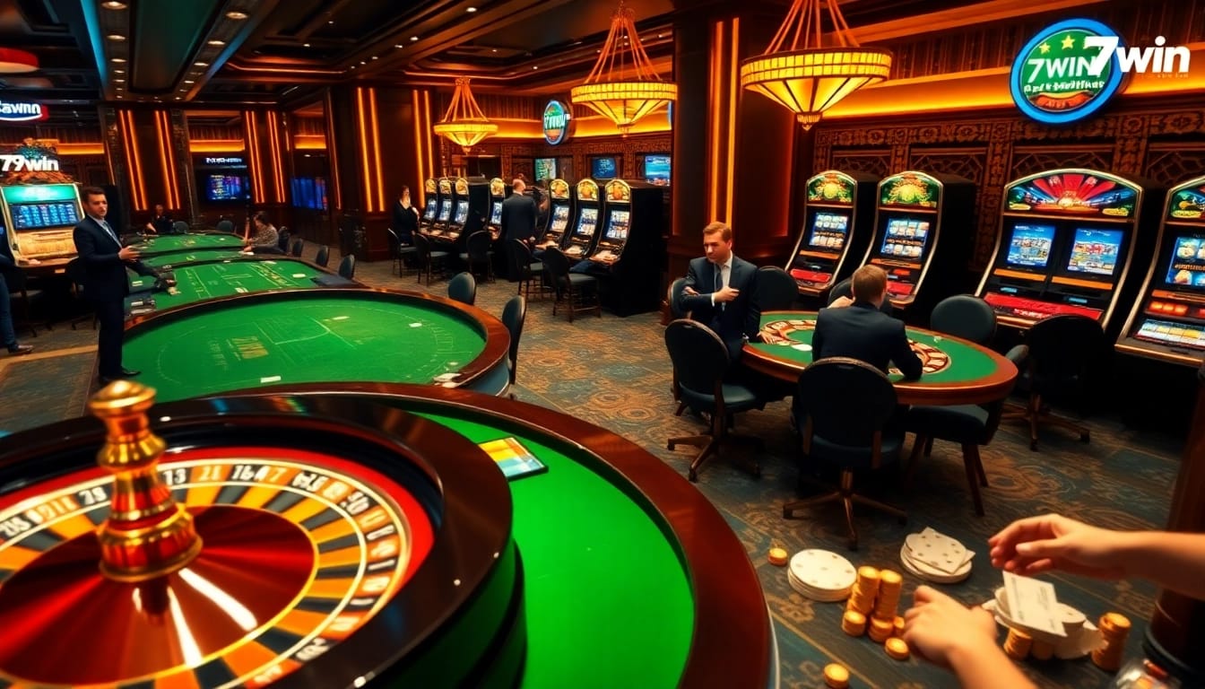Experience thrilling gameplay at 79win with vibrant casinos showcasing poker tables and slot machines.