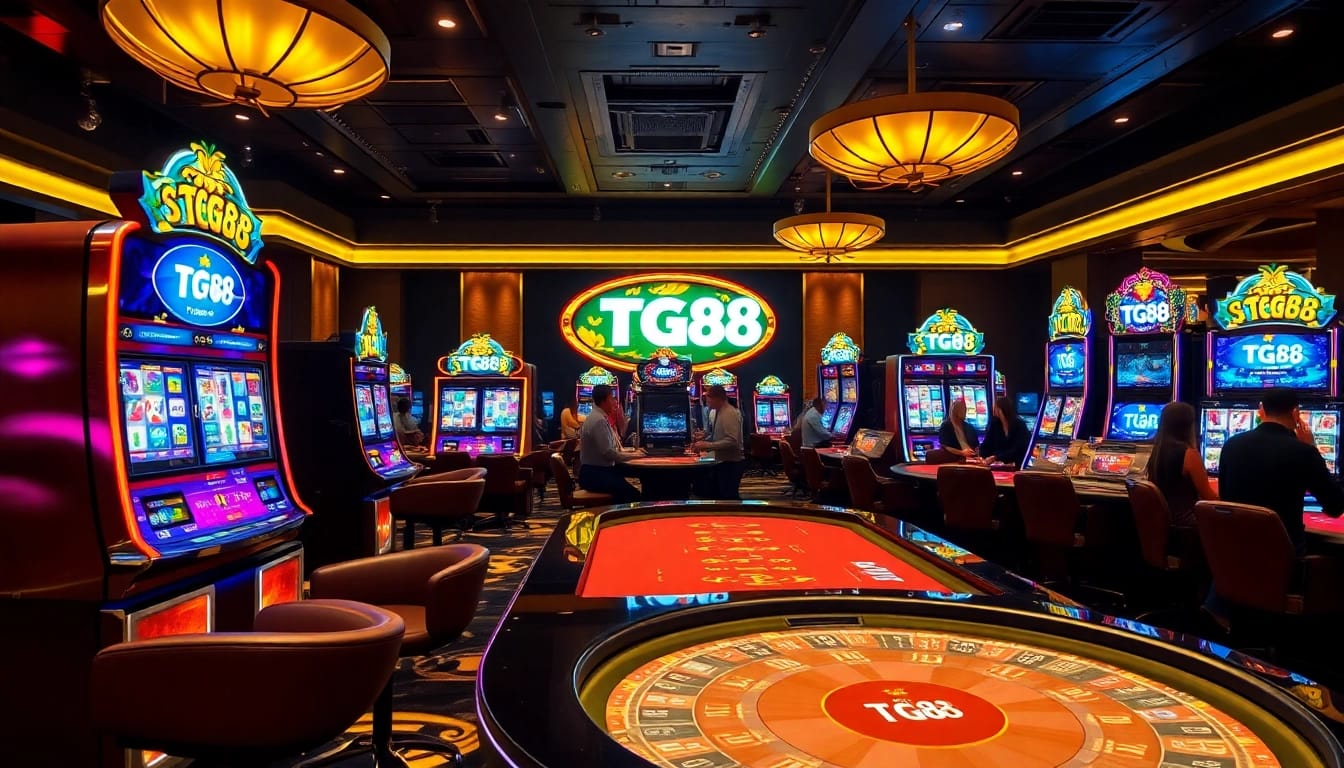 Experience the luxury of TG88 with vibrant slot machines and engaging players in a bustling casino.