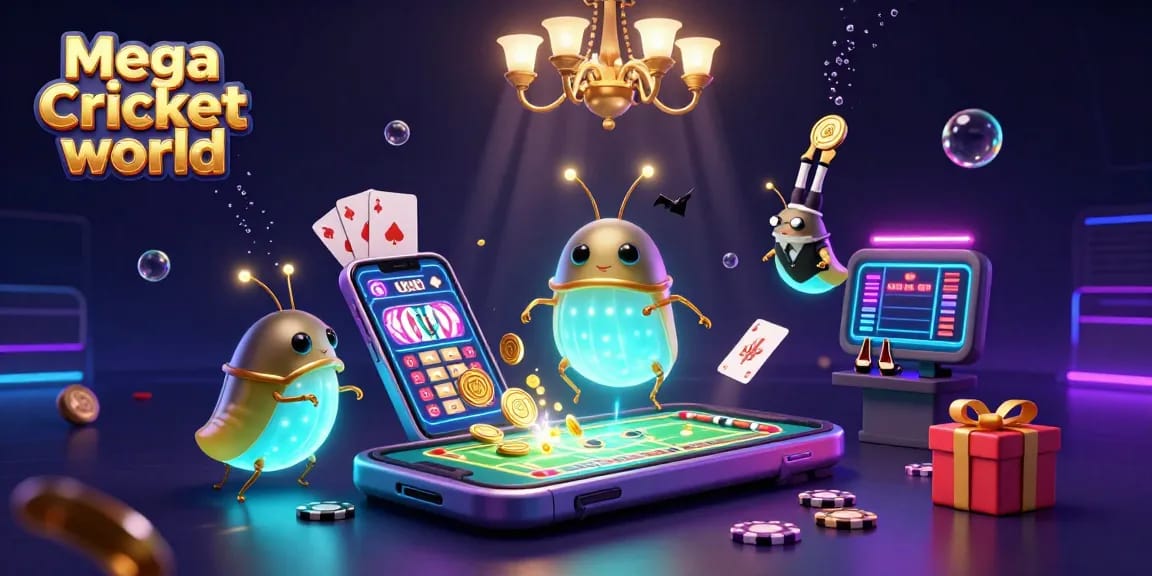 Mega Cricket World illuminates exciting betting with glowworms in a vibrant cricket casino scene.