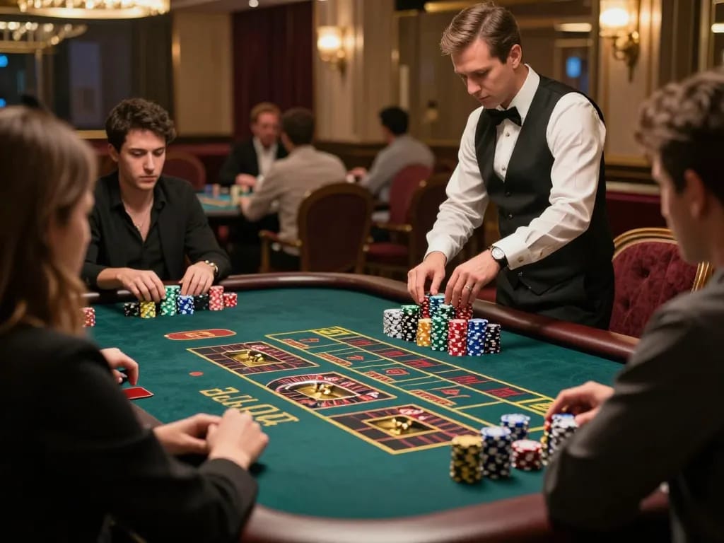 Experience the excitement of UU88 at an elegant roulette table with vibrant chips and engaged players.