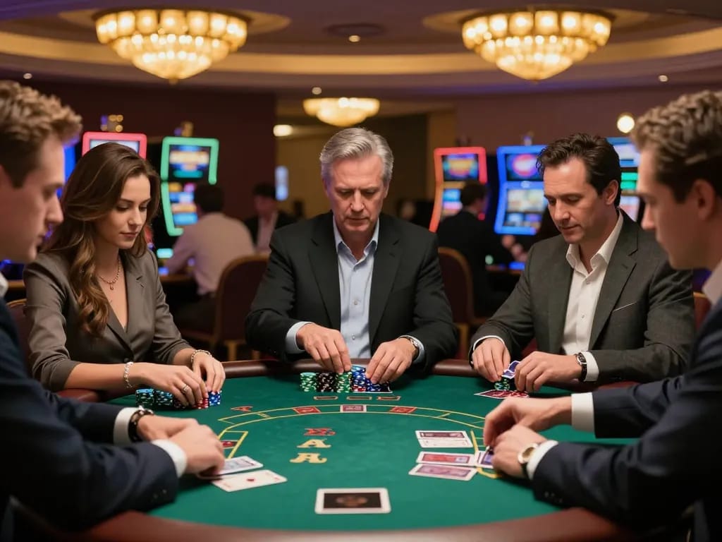 Engaging blackjack players strategizing at the table, capturing the essence of webtransportdeal in a vibrant casino atmosphere