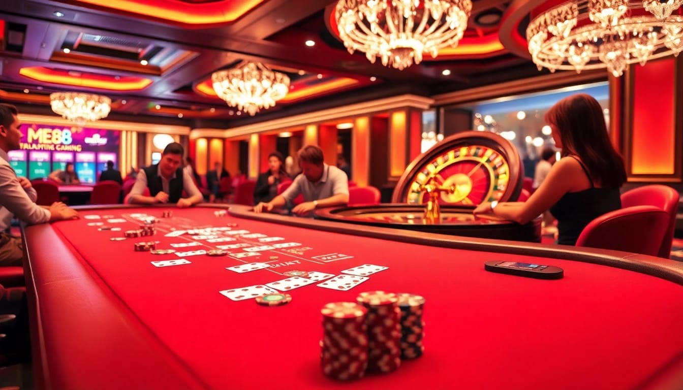 ME88 casino players enjoying a thrilling gaming experience at a lavish table.