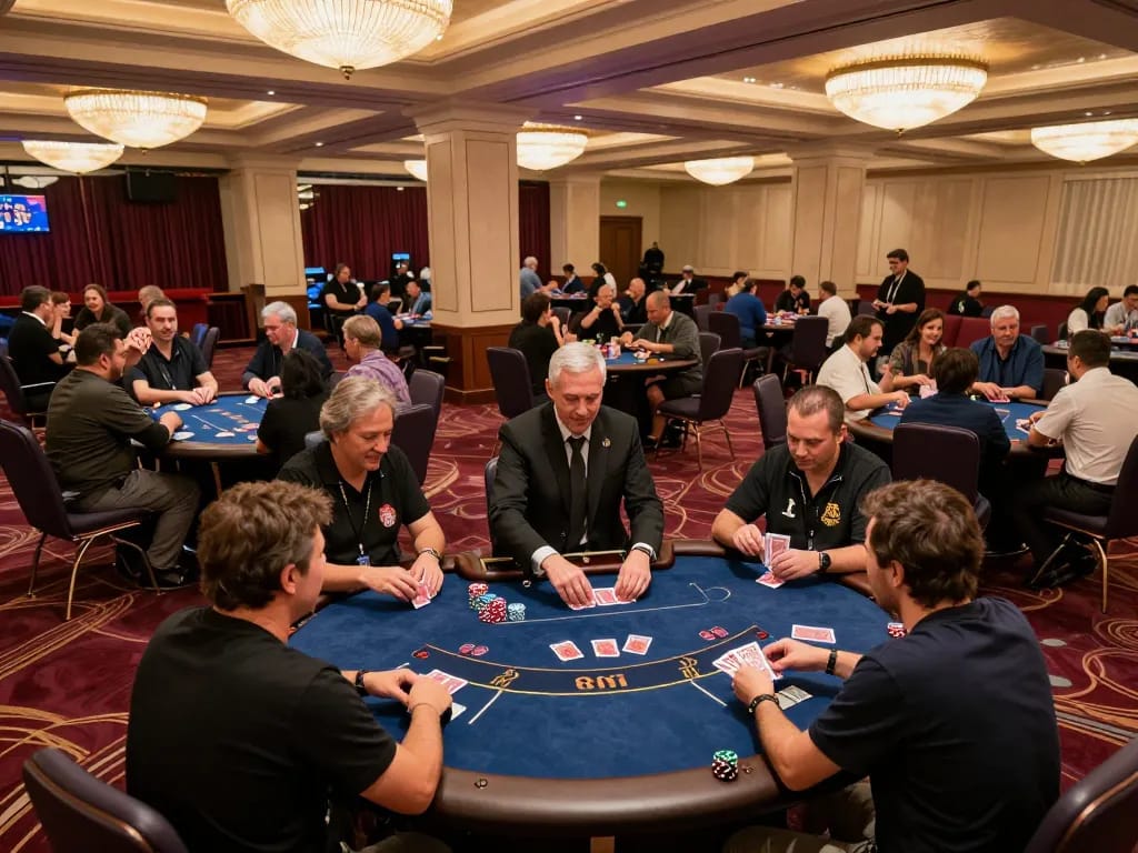 Players actively engaged at MMOO casino poker tables, enjoying a vibrant gaming atmosphere.