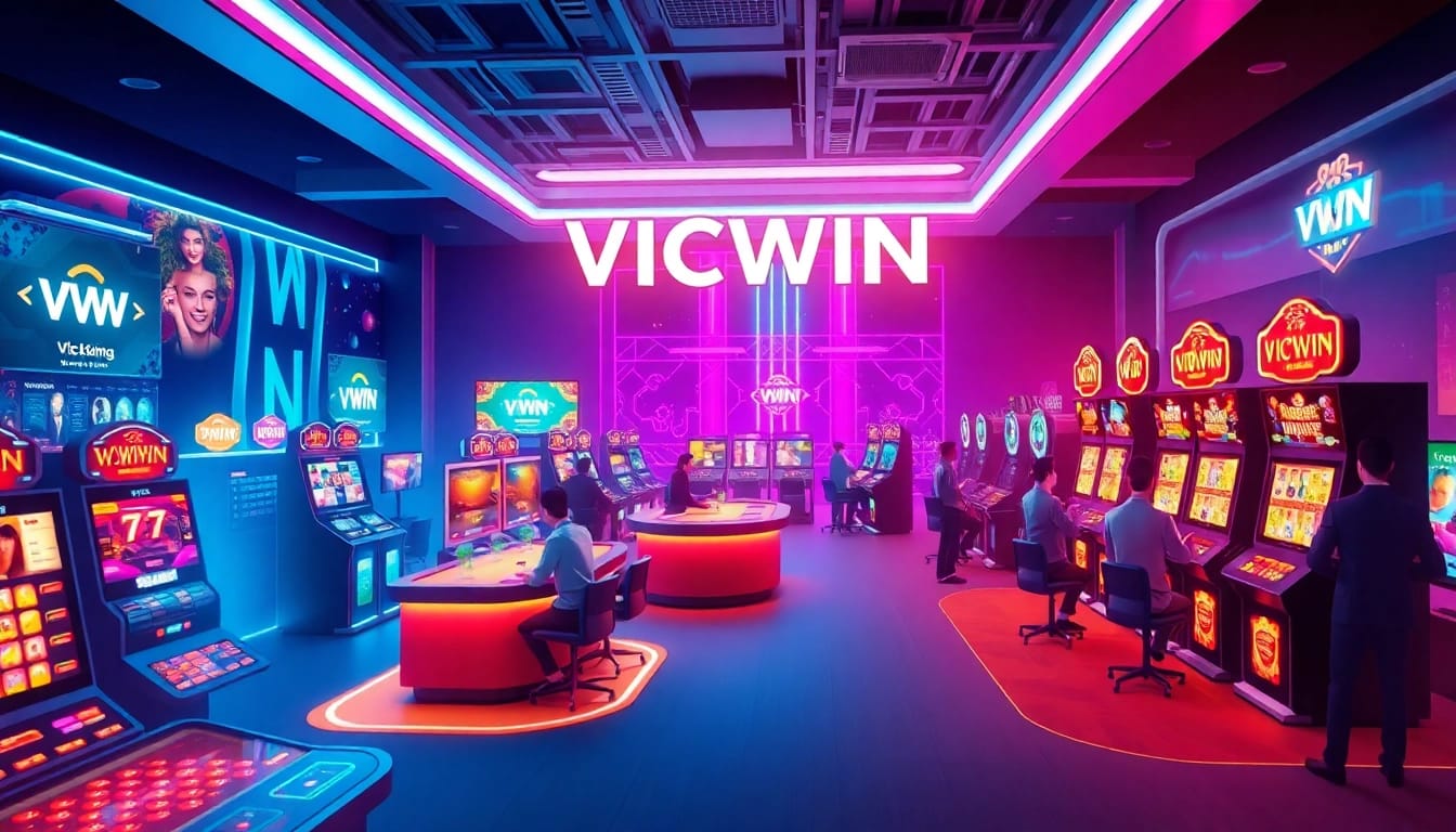 Engaging players enjoying VICWIN's diverse online gaming options in a vibrant digital casino environment.
