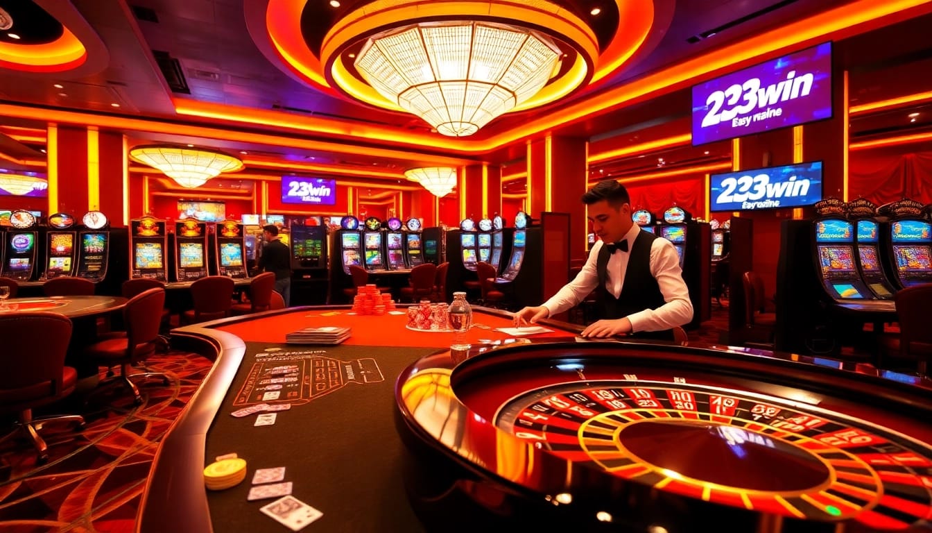 Experience thrilling gameplay at 23win's vibrant casino tables with engaging dealers.