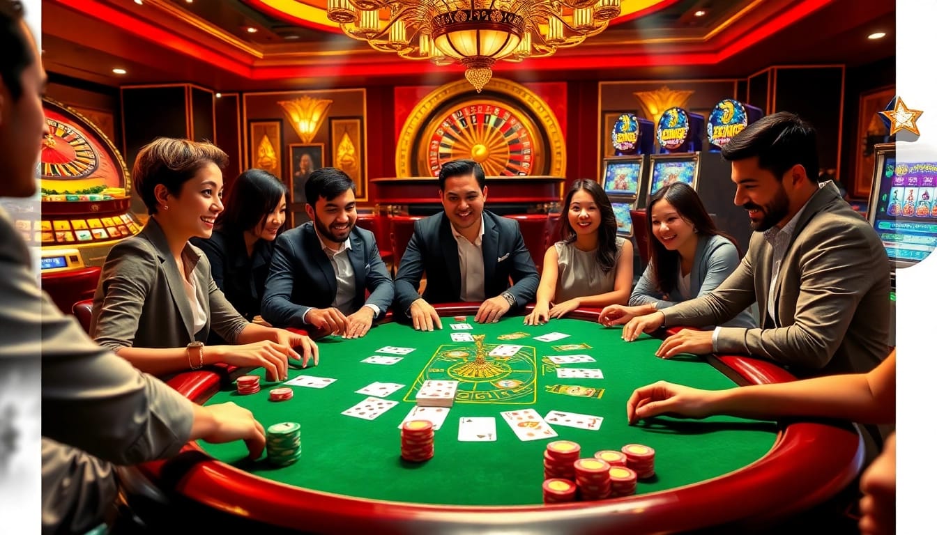 Players enjoying a thrilling poker game at https://xin88hv.site/ with vibrant chips and cards on the table.