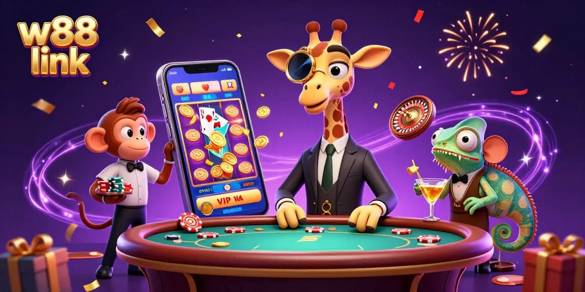 Experience the excitement of w88 link with a dynamic 3D casino scene featuring vibrant characters and lively gambling elements.