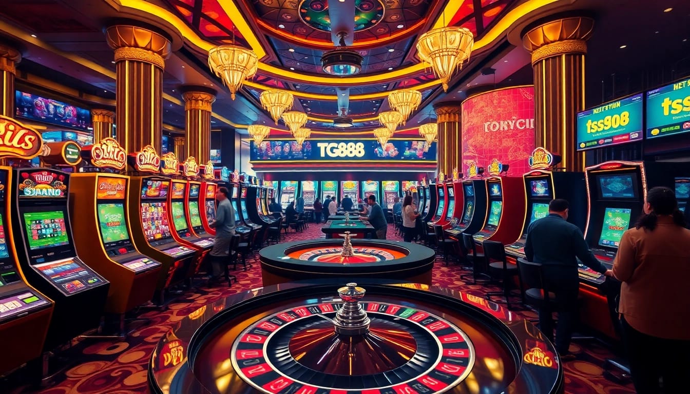 Experience high-stakes excitement at TG88 casino with players enjoying vibrant slot machines and roulette tables.
