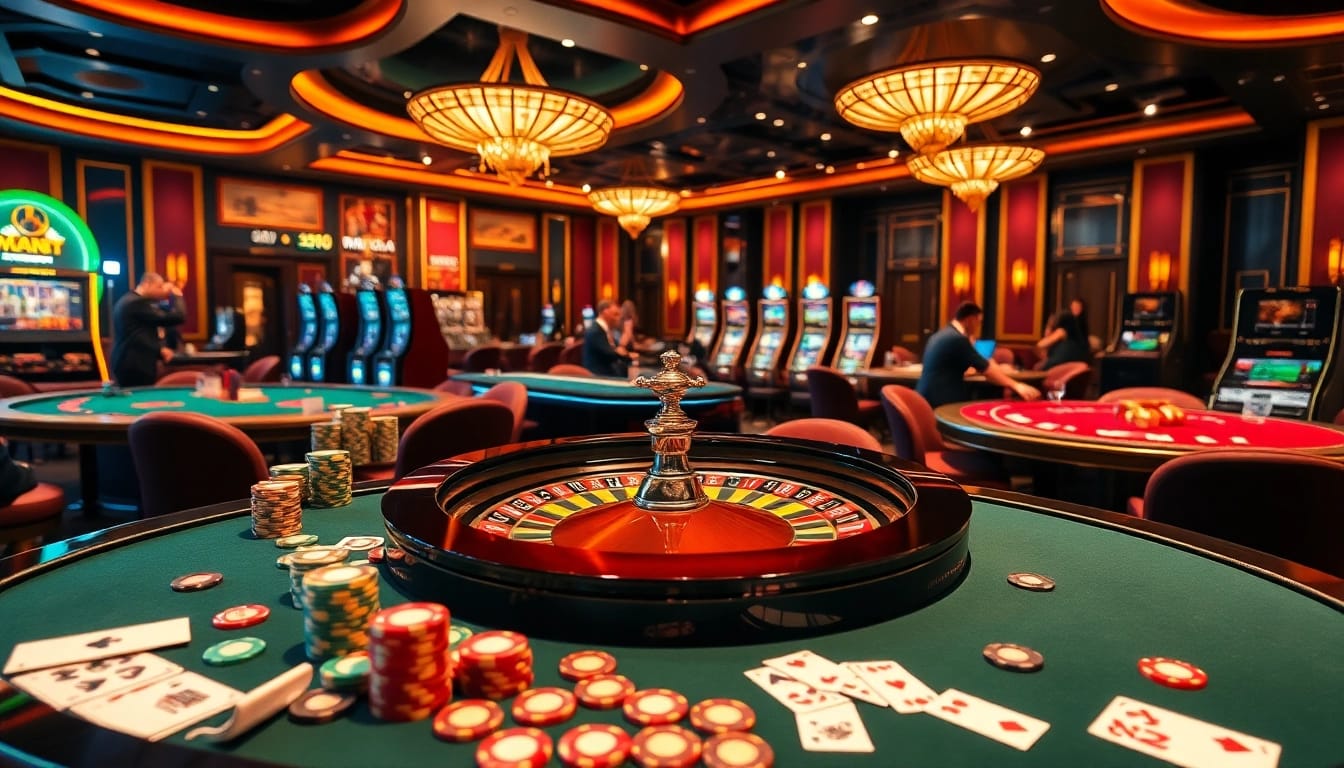 Players enjoying a thrilling moment at nhà cái XX88's luxurious casino scene with roulette and poker tables.
