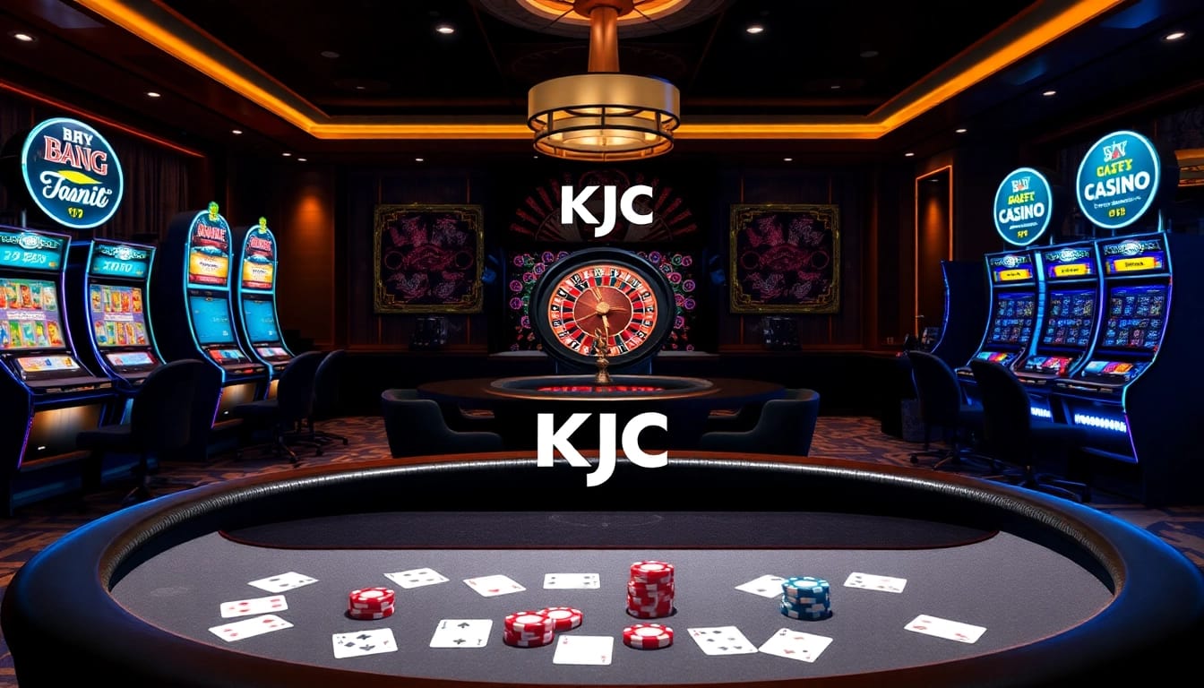 KJC poker table with vibrant chips and cards in a luxurious casino setting.