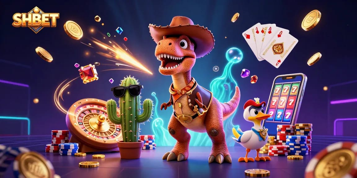 Engage in thrilling SHBET gaming with a lively T-Rex, cactus, and roadrunner amidst dazzling casino elements.
