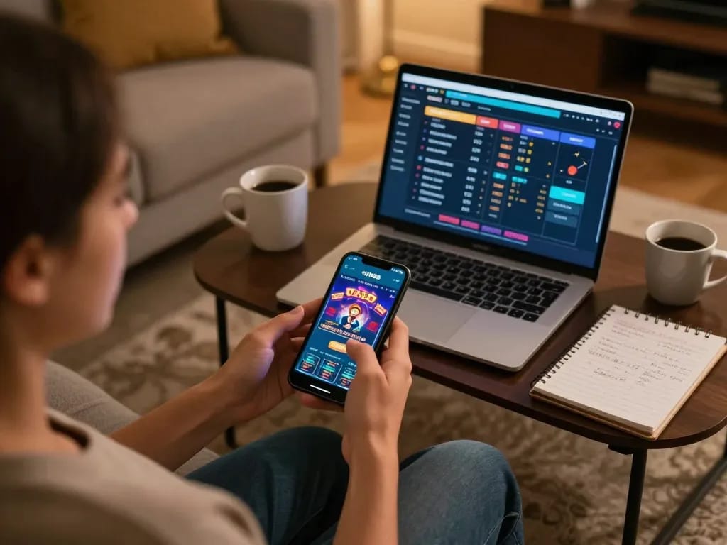 Engaged player using VIN88 casino app on smartphone, showcasing strategic betting in a cozy home setting.