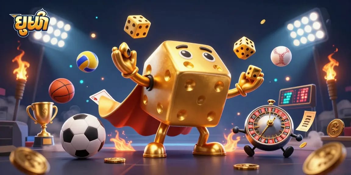 Play and win with ยูฟ้า as golden dice juggle in a dynamic casino scene full of sports action.