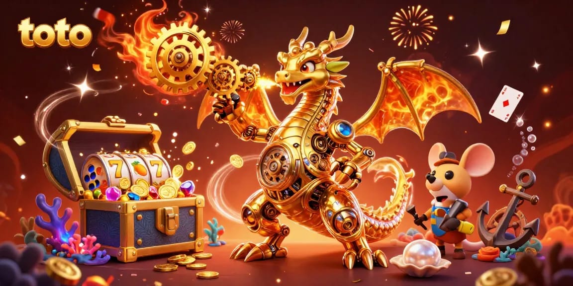 Engage in thrilling toto slots with vibrant golden dragon and slot reels bursting with coins and gems.