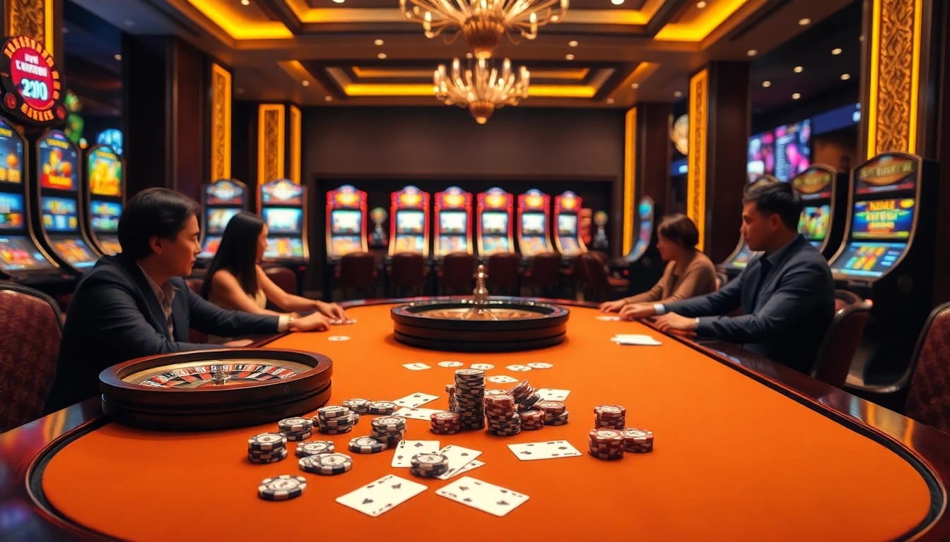 Kkwin players enjoying a high-stakes poker game at a luxurious casino table with vibrant slot machines in the background.