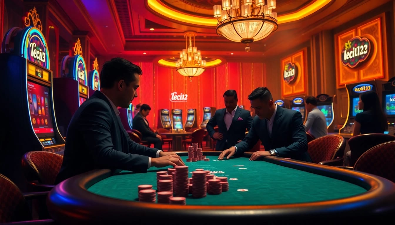 Engage in thrilling gameplay with leci123 at a luxurious casino poker table.