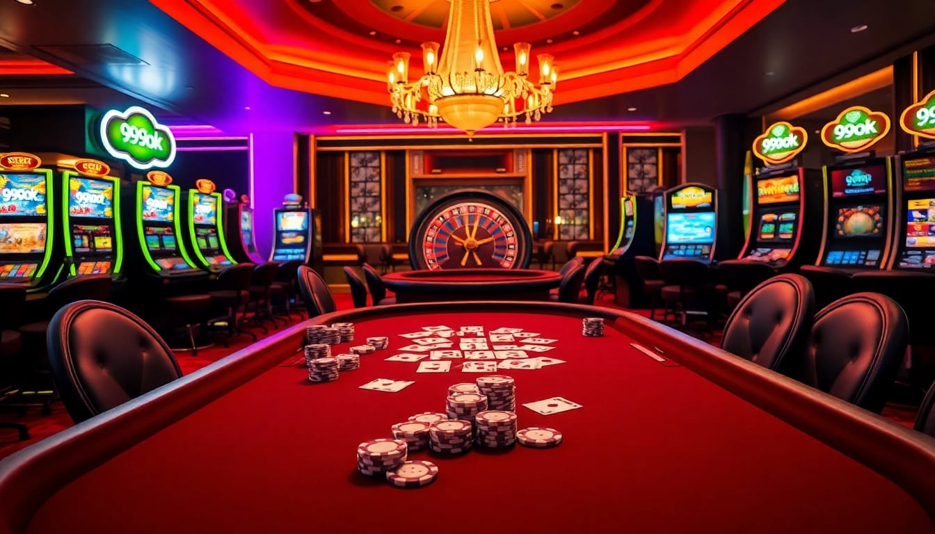 Experience the thrill of 99ok at an upscale poker table featuring vibrant chips and vibrant slot machines.