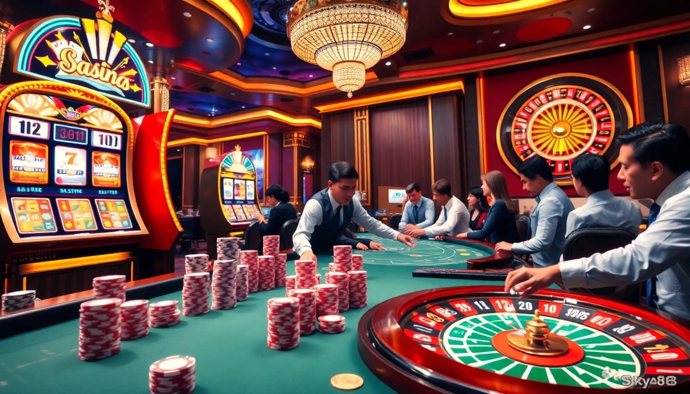 Engaging players placing bets at a luxurious casino table: link vào sky88 for winning strategies.