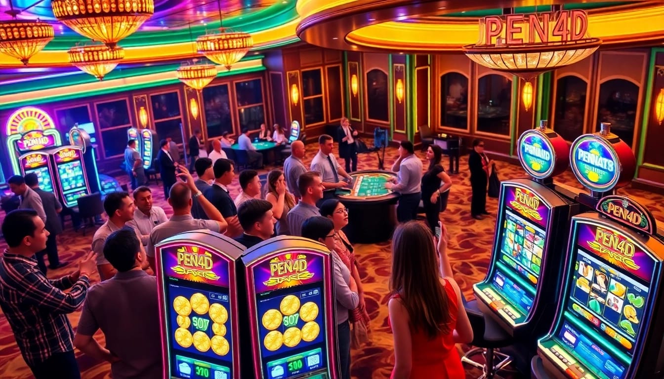 Players engaging with PEN4D slot machines in a luxurious casino showcasing excitement and high stakes.