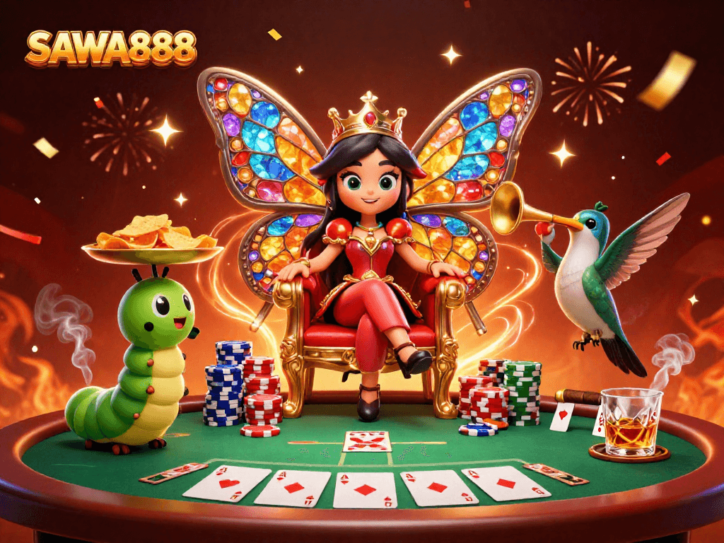 Experience thrilling gameplay at SAWA888 with stunning visuals, diverse poker elements, and vibrant characters.