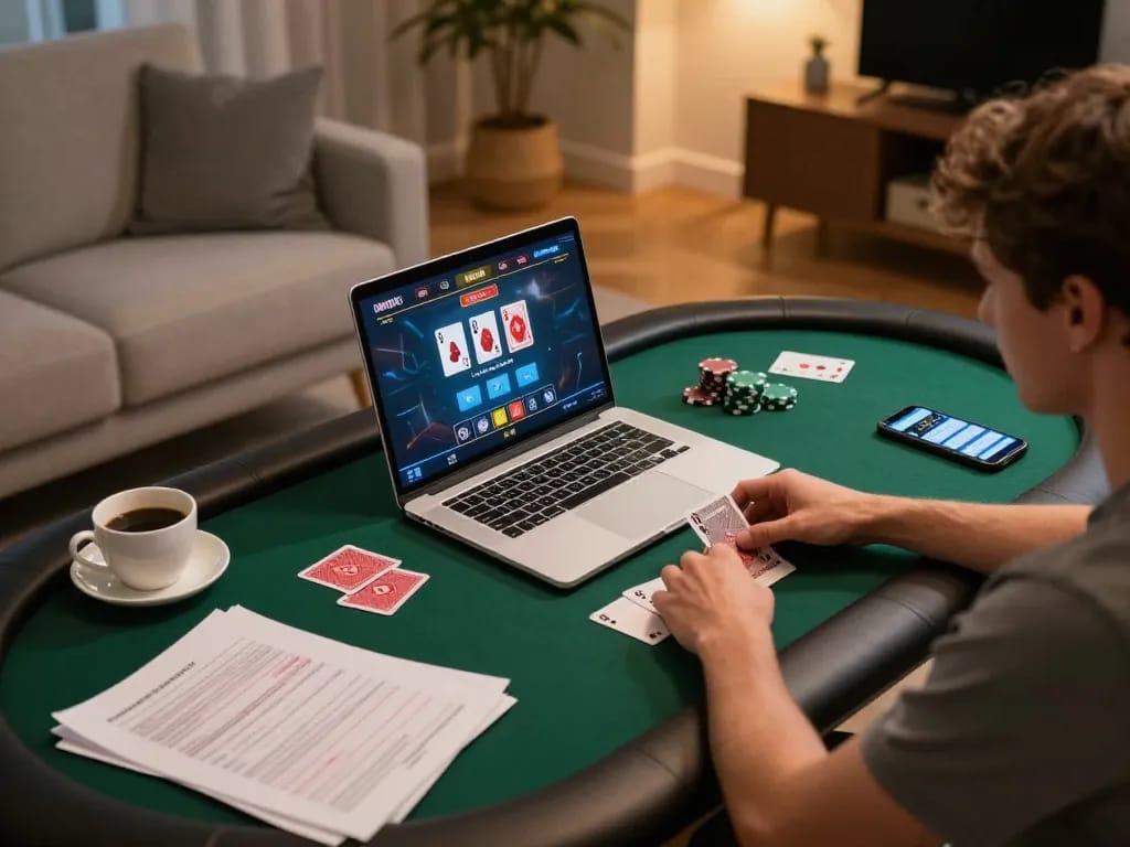 Engaging in online poker at an australian online casino with strategy notes and cozy atmosphere.
